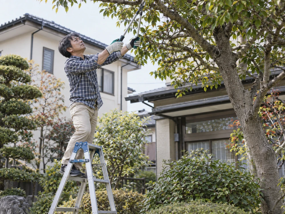 脚立を使って高い庭木を剪定している様子