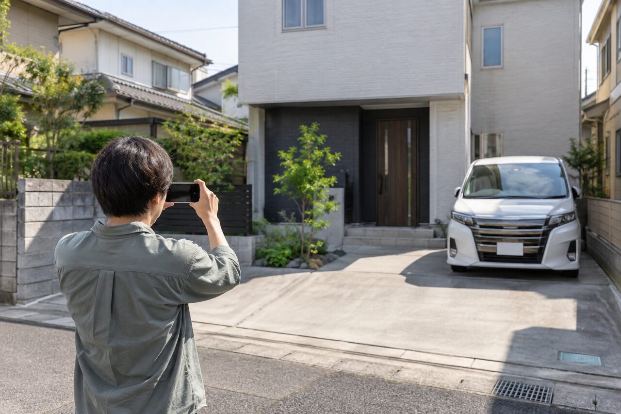 駐車場の全景を撮影する人