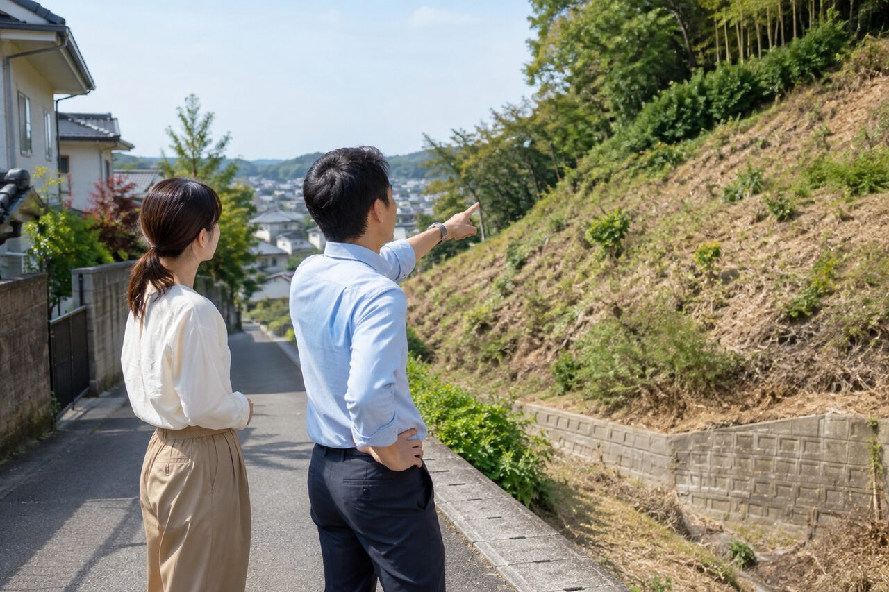 通路から斜面を見て相談する二人