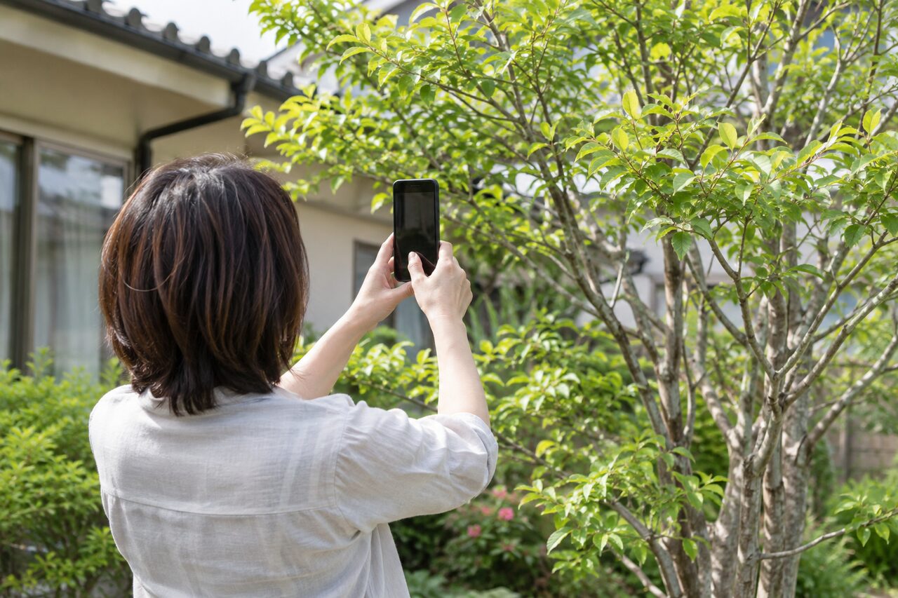 庭木の様子を撮影する人