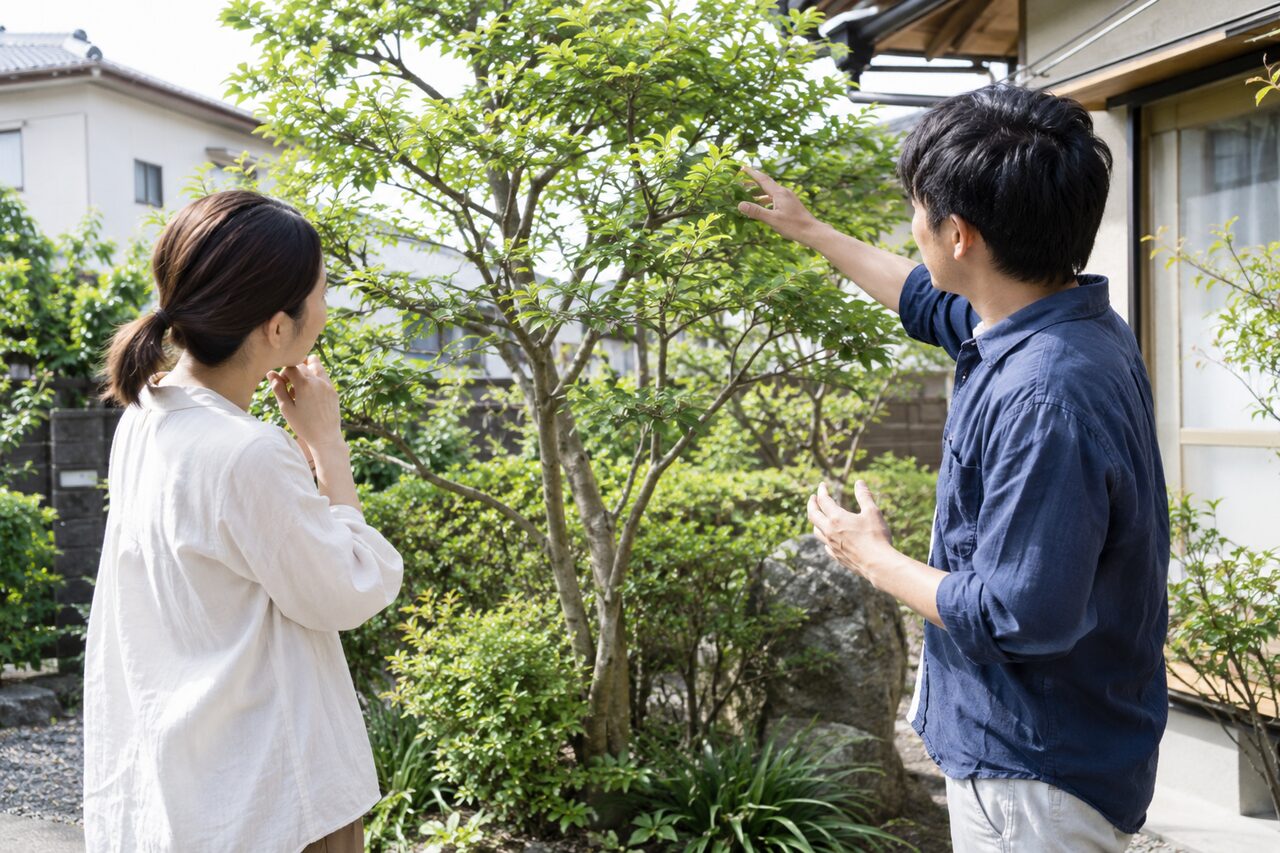 庭木の仕上がりを相談する二人