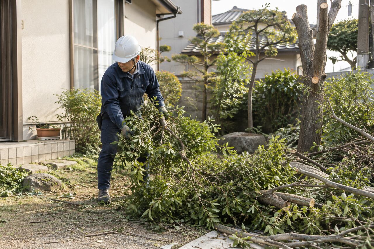 地上で伐採後の枝を整理する防具着用の作業者