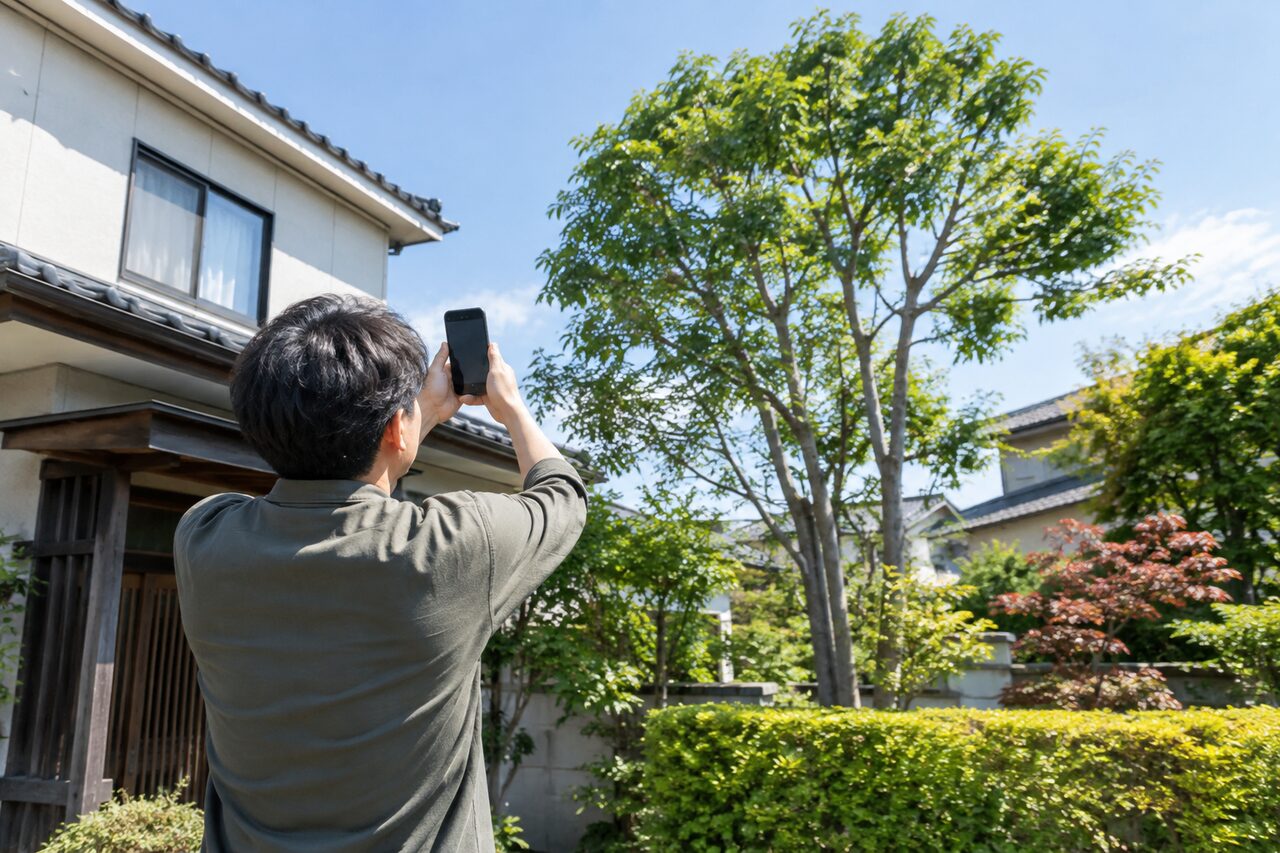 離れた場所から大きな庭木を撮影する人