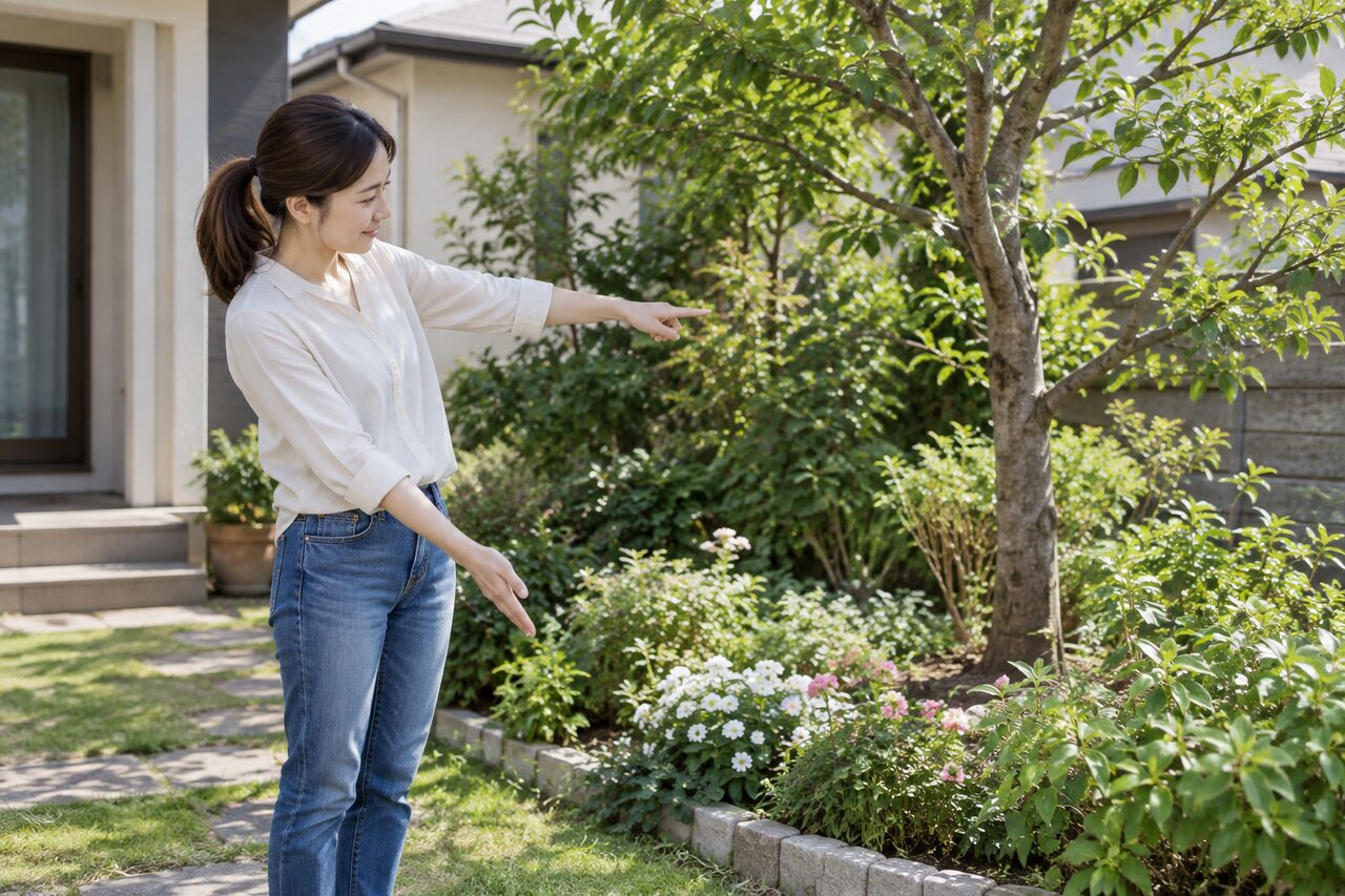 残したい木や花壇を確認する人