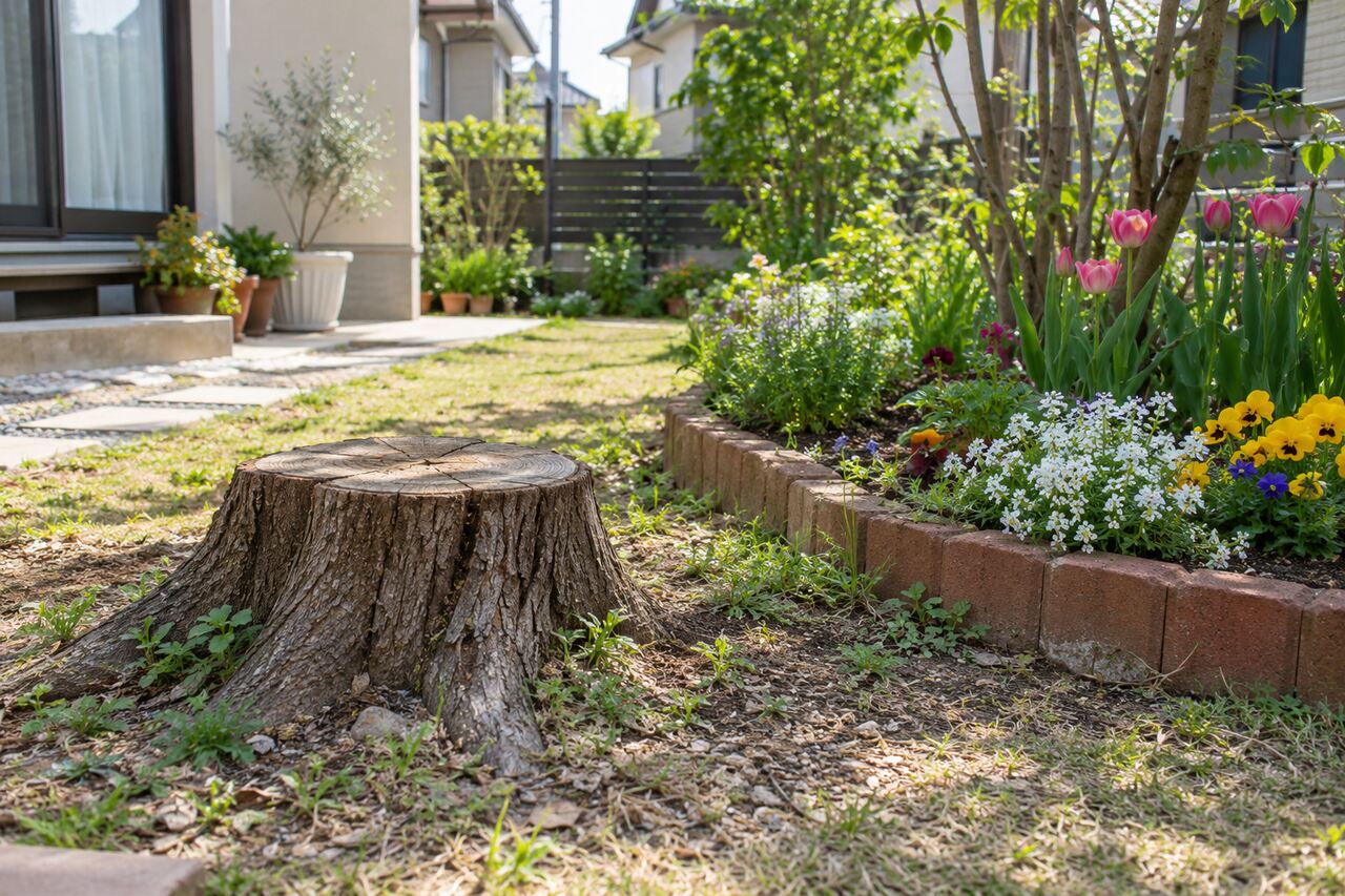 切り株のそばにある花壇