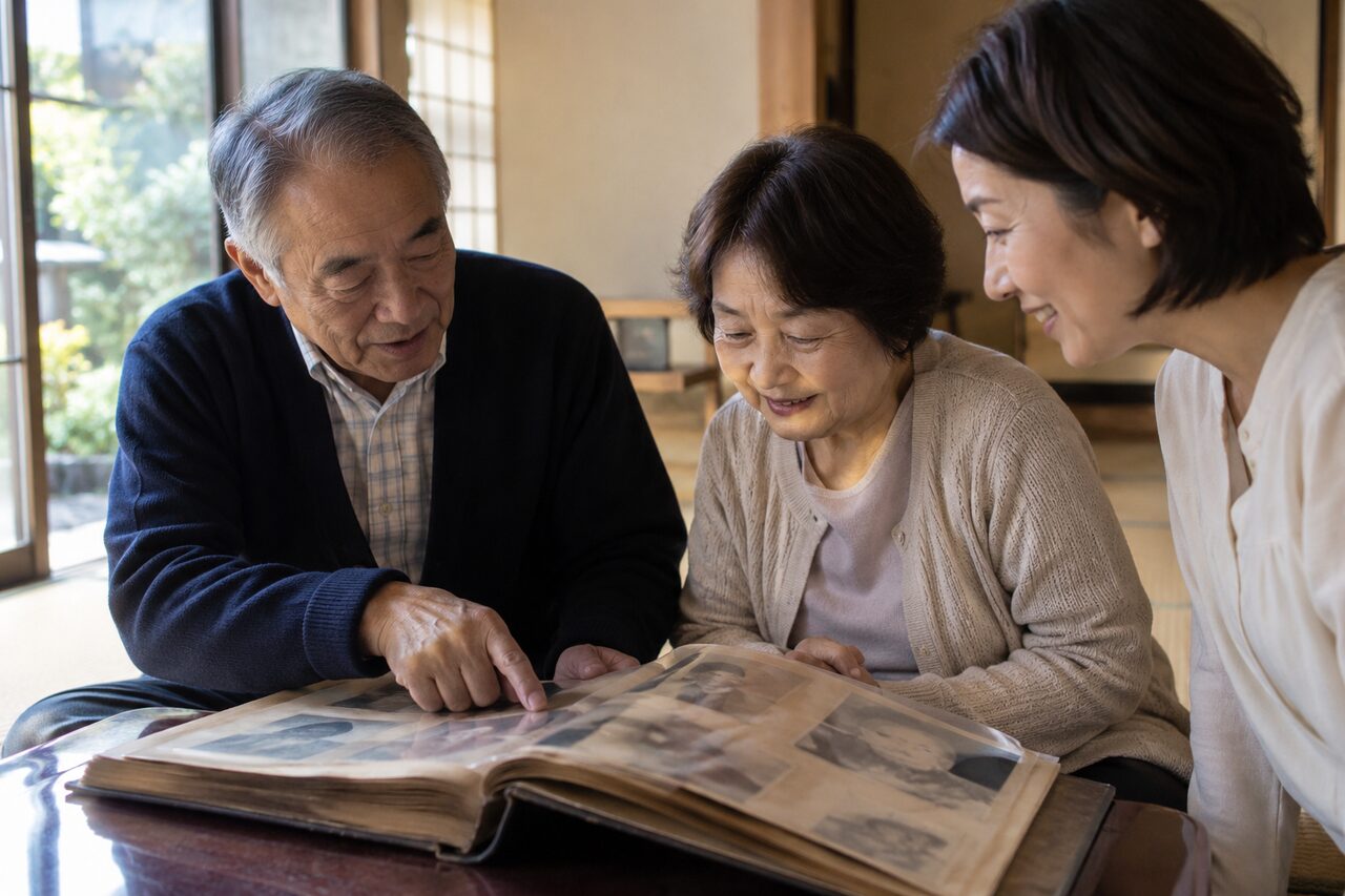 写真アルバムを家族と確認する様子