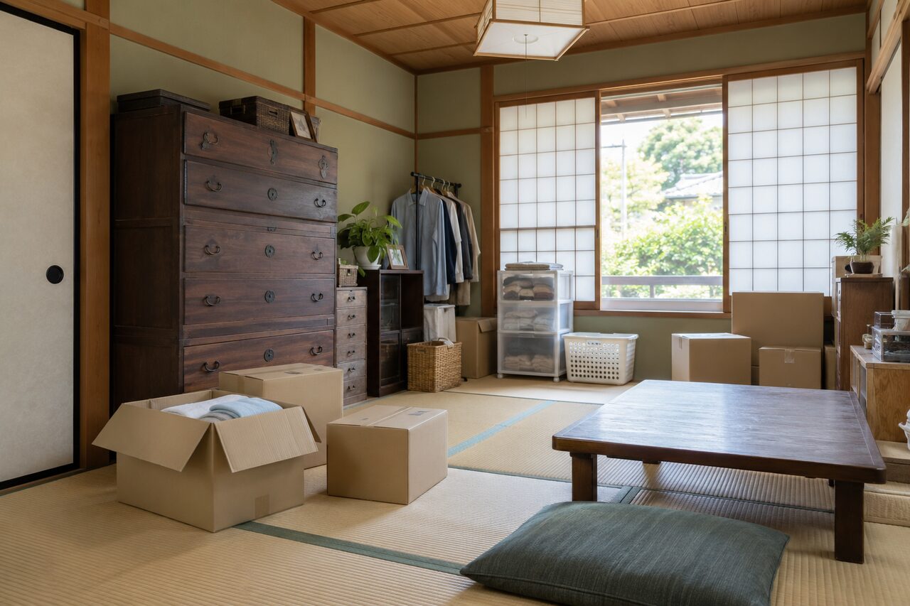 家財や箱がある一軒家の和室