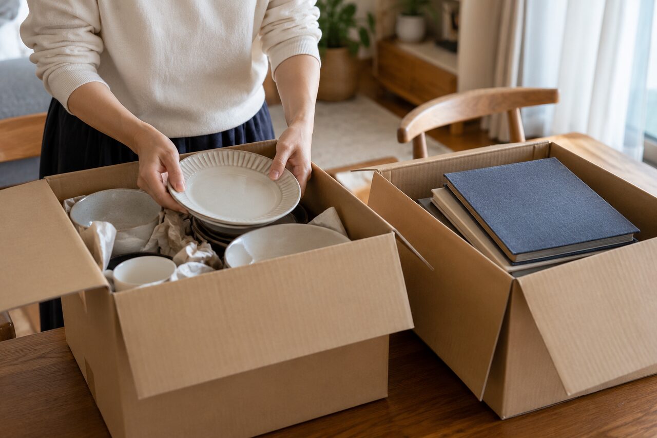 残す品を別の箱へ分ける手元