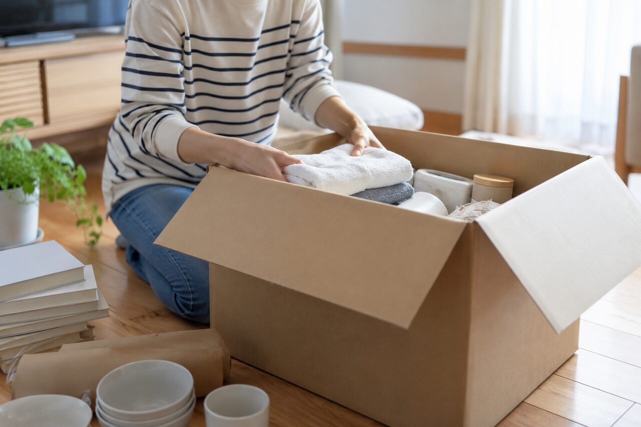 室内で荷物を不透明な箱にまとめる手元