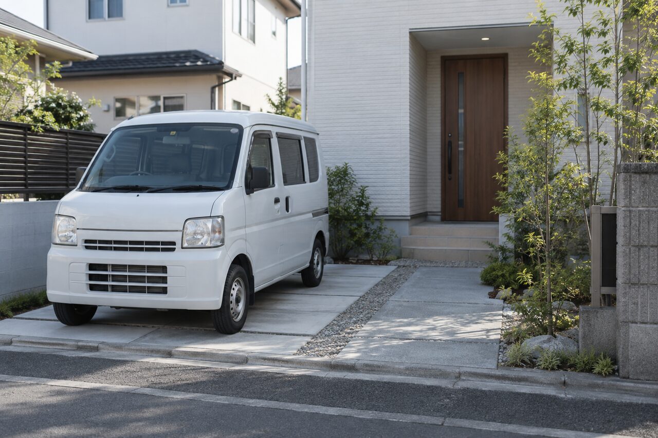 敷地内の車両と玄関への通路