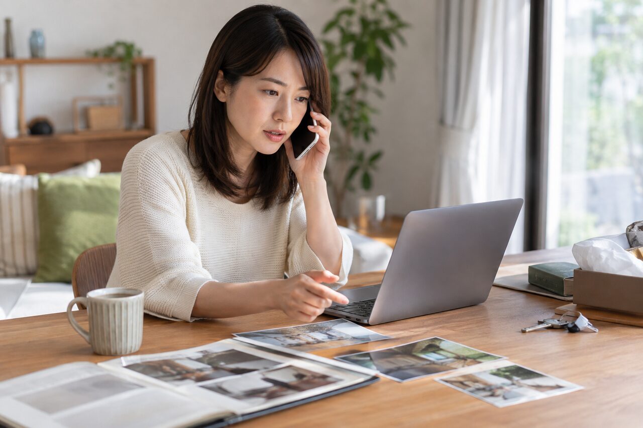 遠方の実家について電話で相談する成人