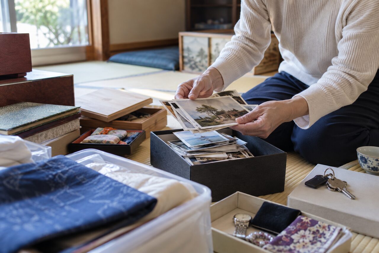 和室で写真箱や生活用品を分ける手元、顔写真は見せない