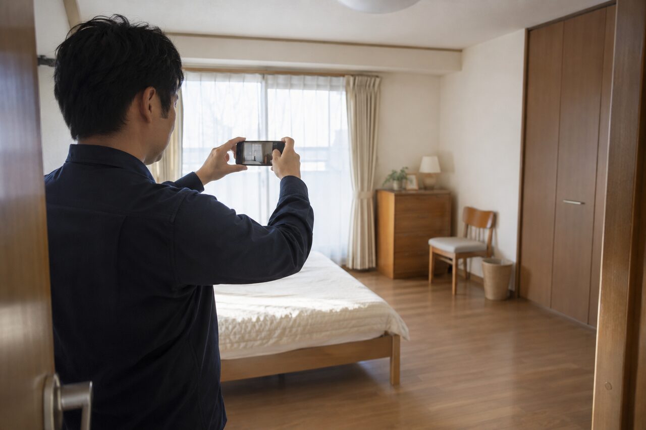 整理後の居室を撮影する作業者、画面文字なし