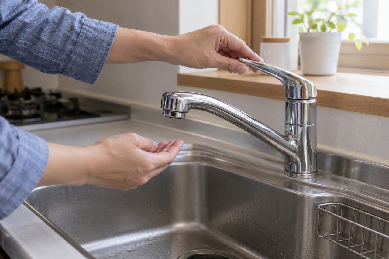 水栓とシンクまわりを確認する手元