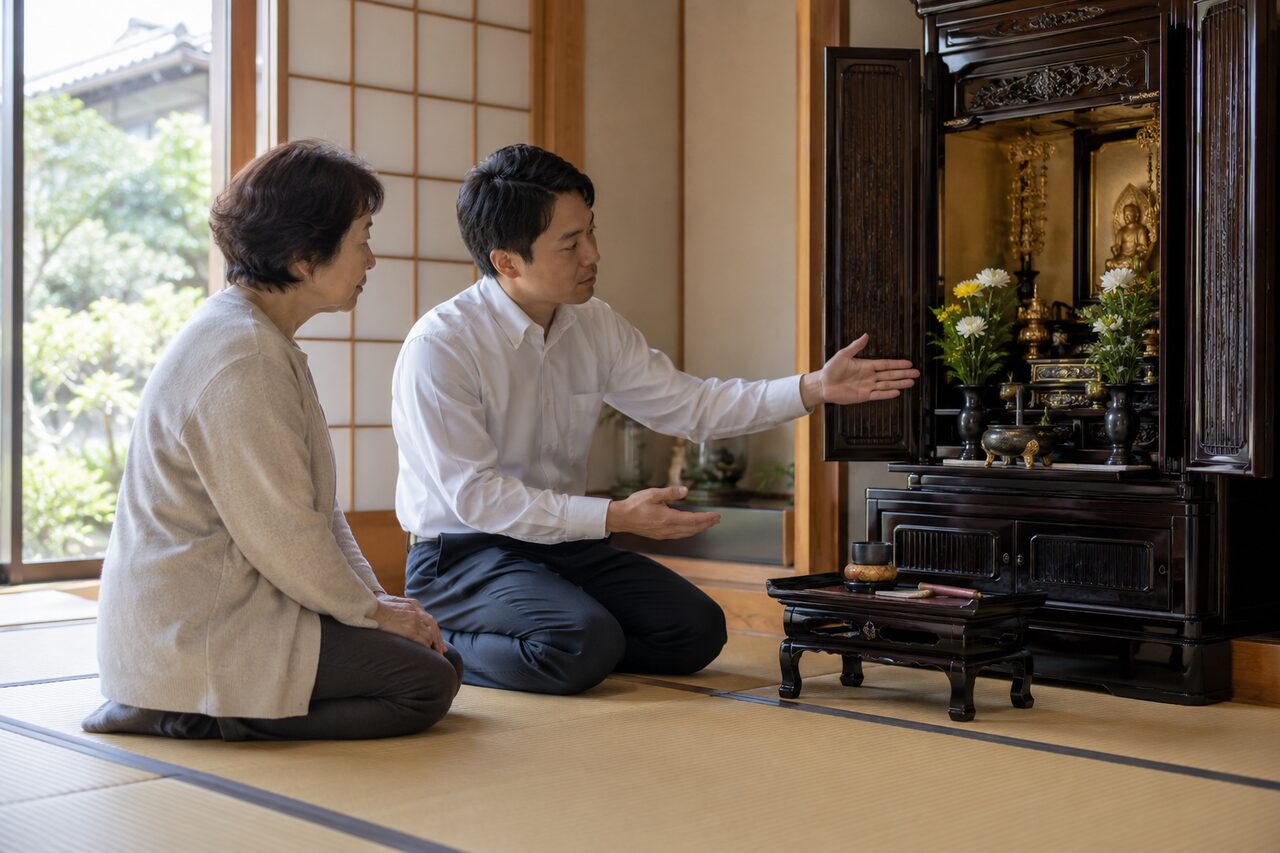 和室で家財の整理について相談する成人二人