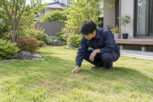 紺色の作業服の作業員と家主が芝生や植栽の管理について庭で相談するイメージ
