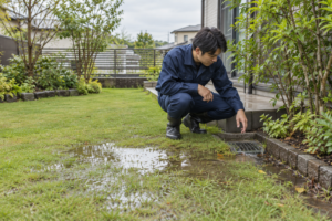 紺色の作業服の作業員が手押し芝刈り機で住宅の芝生を整えるイメージ