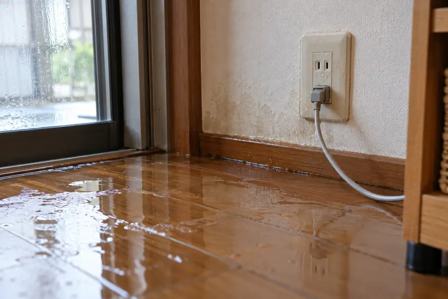 漏水で濡れた床と電気のコンセント周り