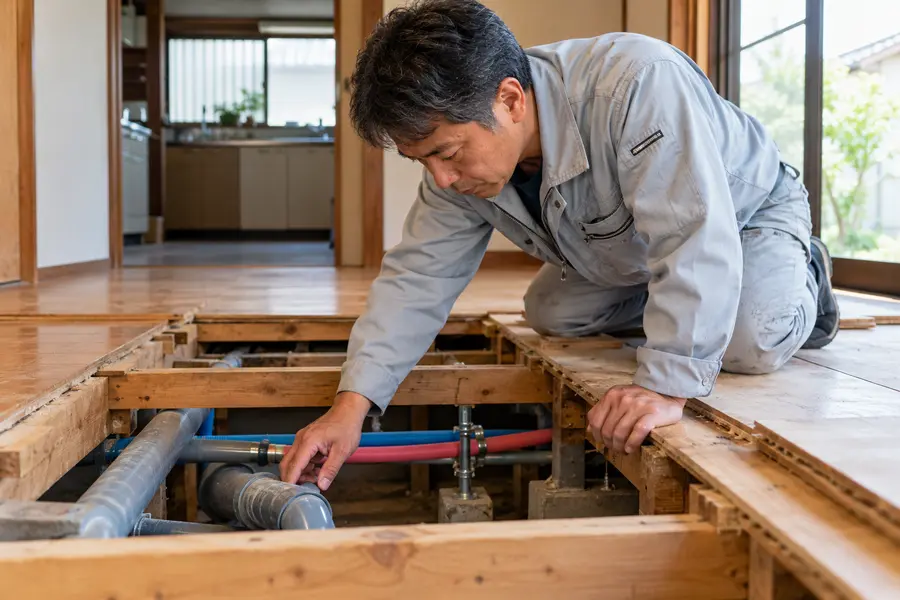 床の張り替え前に配管を確認している工事の様子