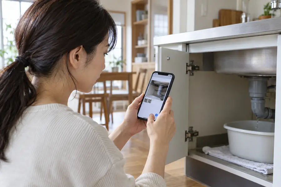 スマートフォンで不具合の写真と依頼文を送っている様子