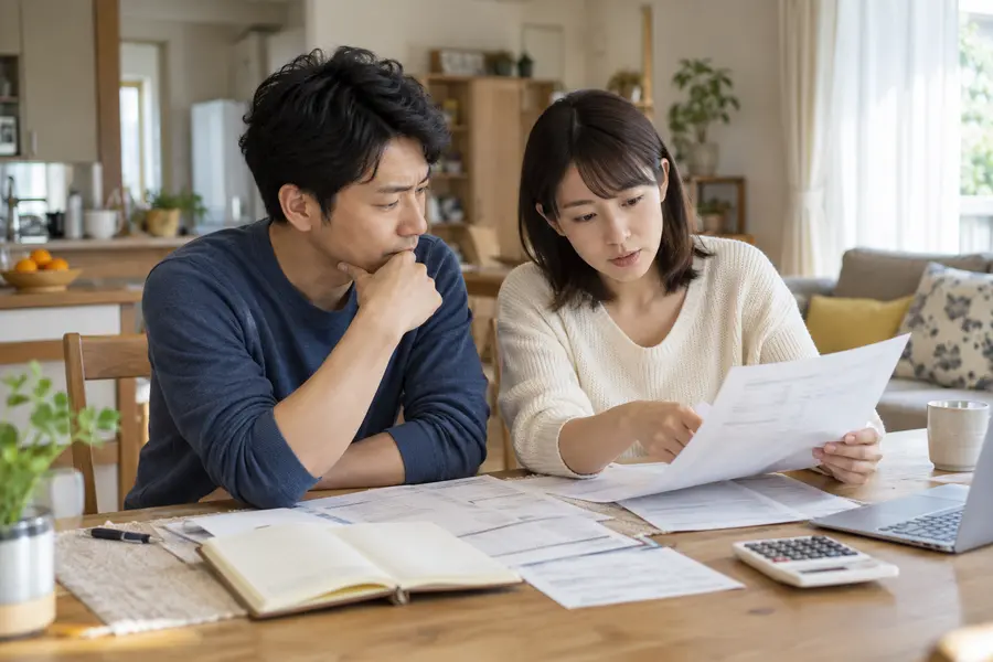 家計簿と見積書を見ながら相談している様子