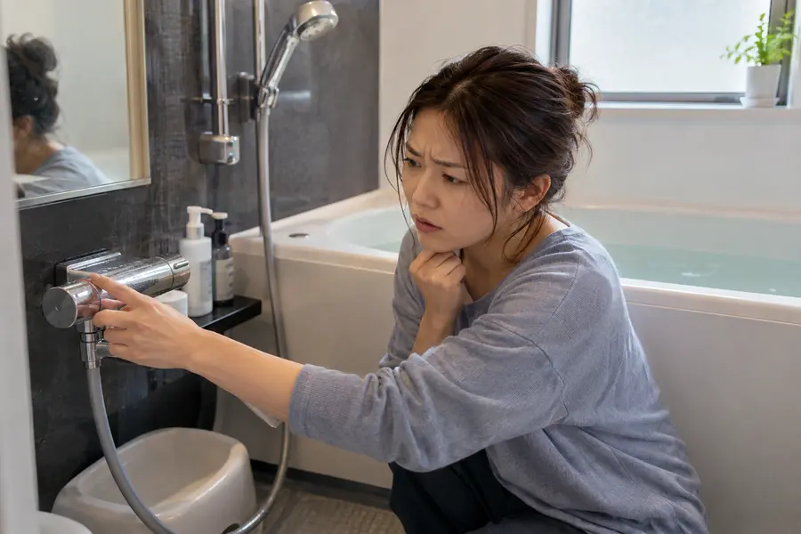 お湯が使えず困っている家庭の浴室のイメージ