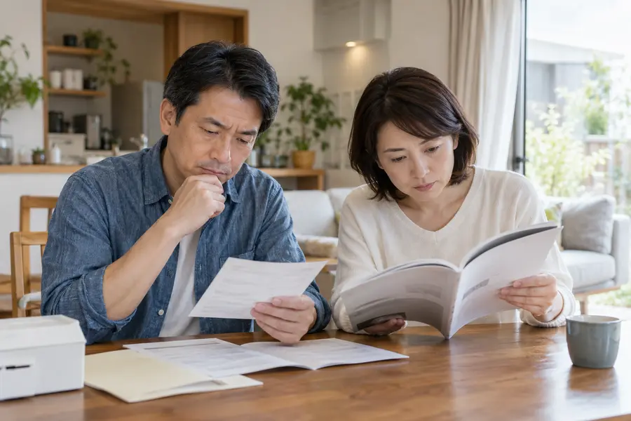 保証書と取扱説明書を確認している様子