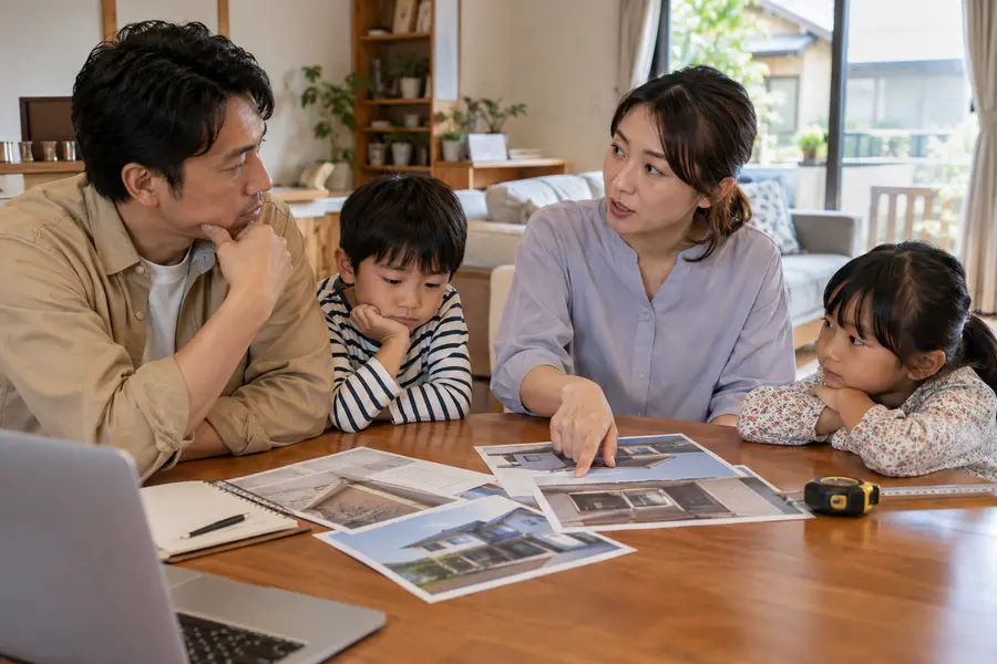 家族で住まいの修理について話し合っている様子