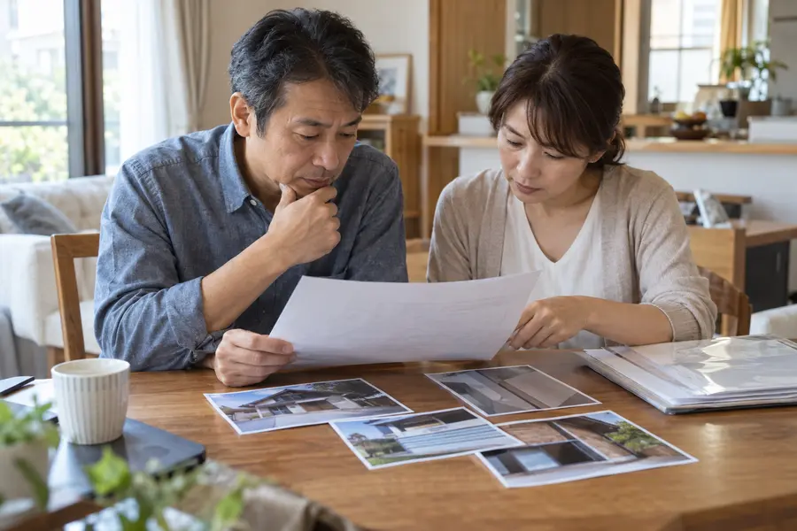 前回の工事の見積書と写真を見返している様子