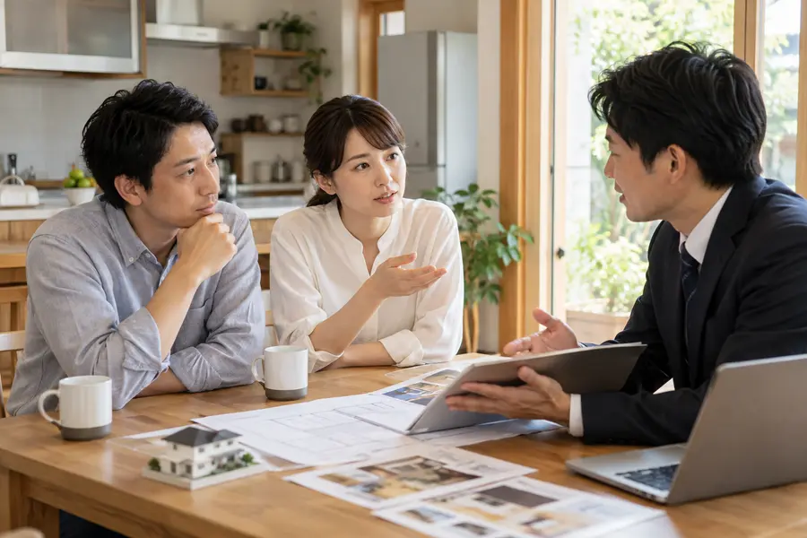担当者に質問しながら説明を聞いている様子
