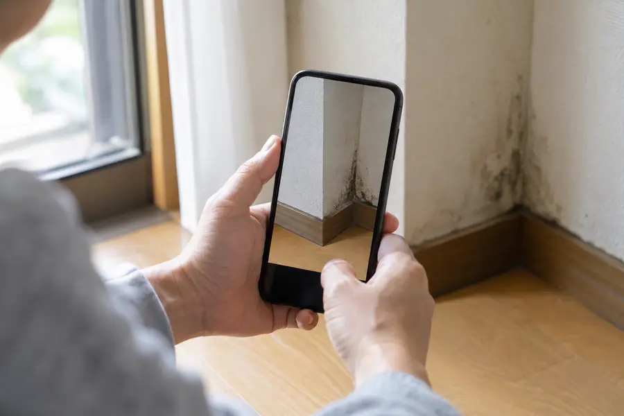スマートフォンで不具合箇所の写真を撮っている手元