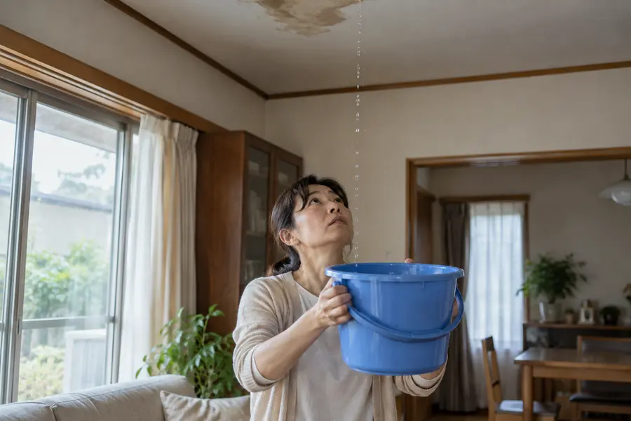 雨漏りの水をバケツで受けている室内
