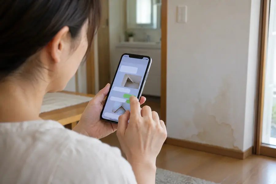 LINEで住まいの不具合を相談しているスマートフォン画面のイメージ